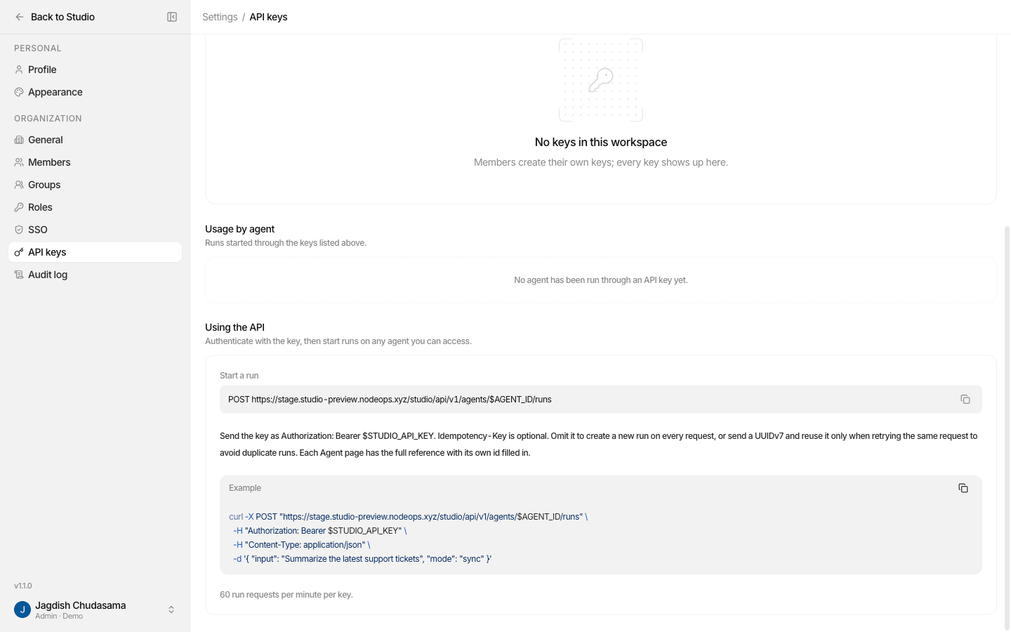 Settings → API keys, Using the API panel with the runs endpoint and a curl example