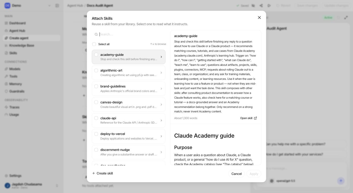Builder Skills section with two skills attached, and the attach dialog open