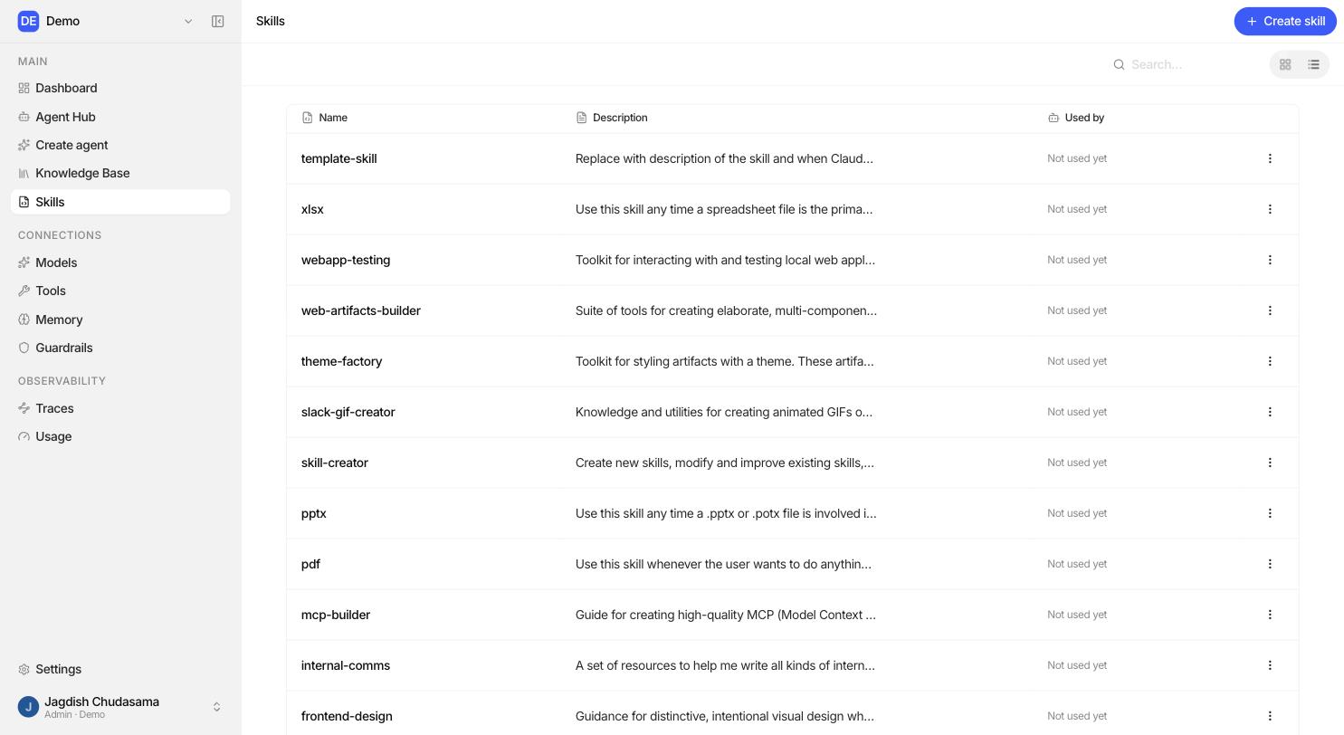 Skills list page and the "New skill" editor with name, description and Markdown content