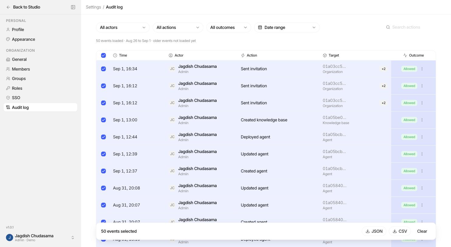 Audit log with filters applied and the export button highlighted
