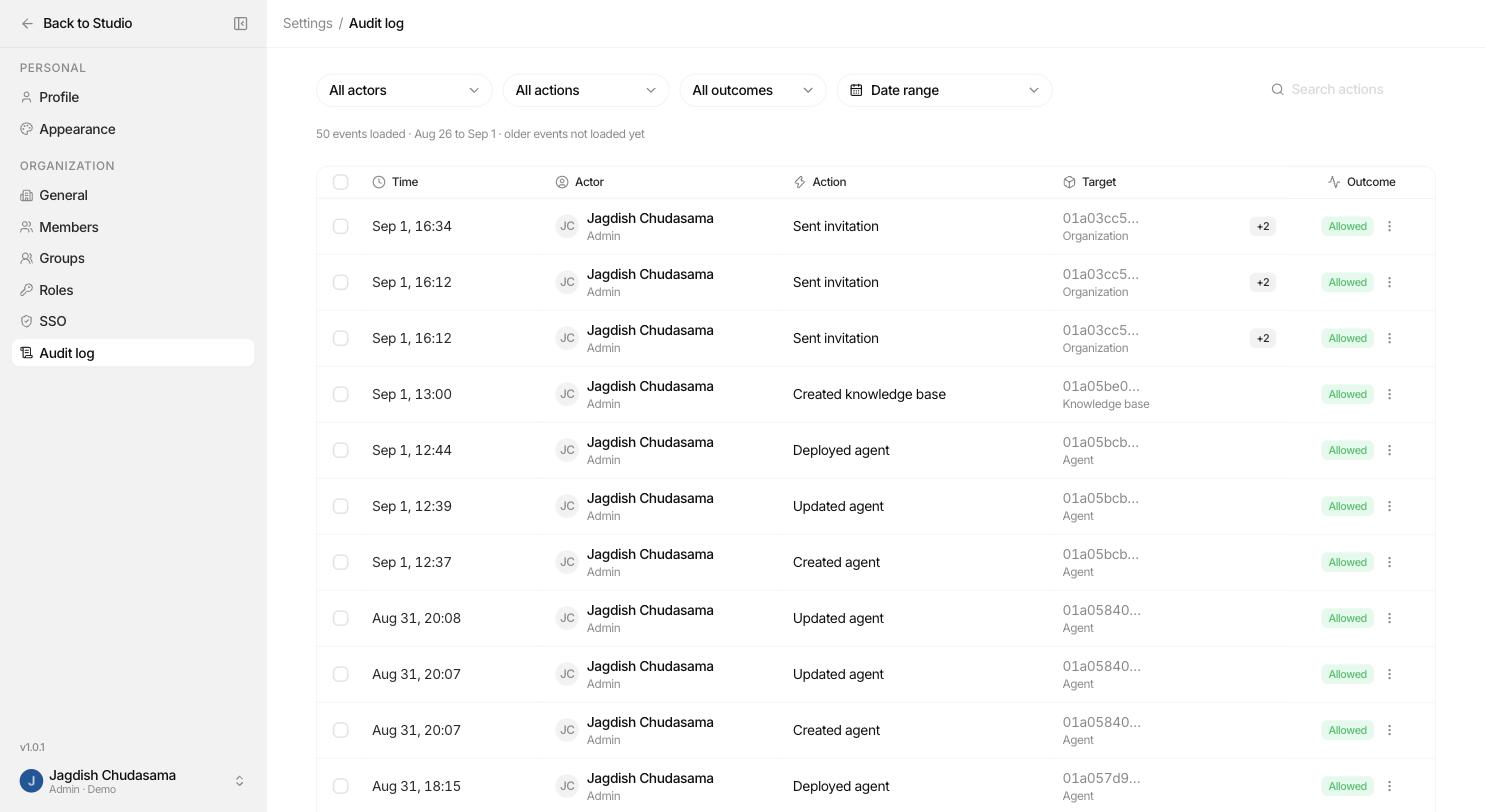 Audit log page: filterable table with actor, action, target, outcome and time