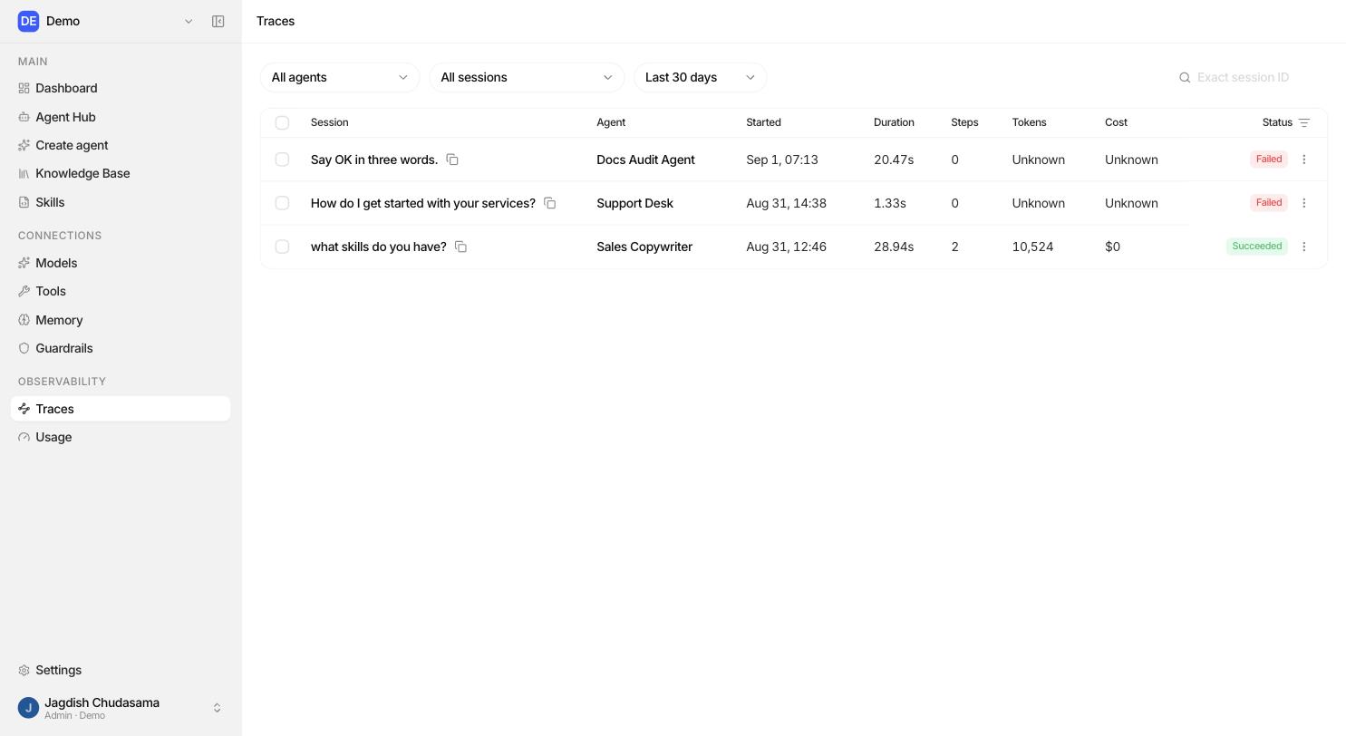 Traces list: run, agent, status, duration, tokens, cost