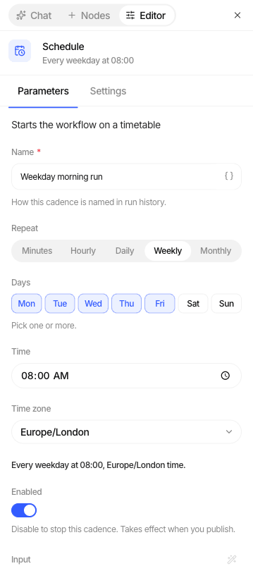 Schedule step editor set to Weekly, Mon–Fri at 08 Europe/London